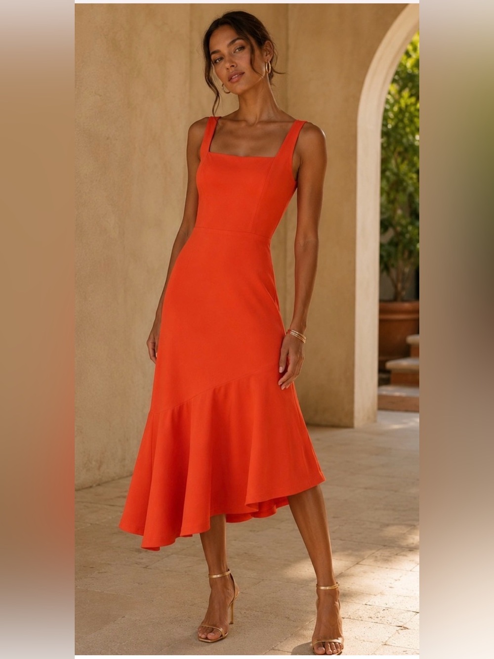 Anthropologie Ariana Square-Neck Asymmetrical Ruffle-Hem Midi Dress Orange XS
